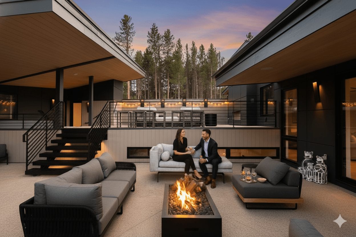 Guests gathered around the outdoor fire on Auria's heated terrace at night